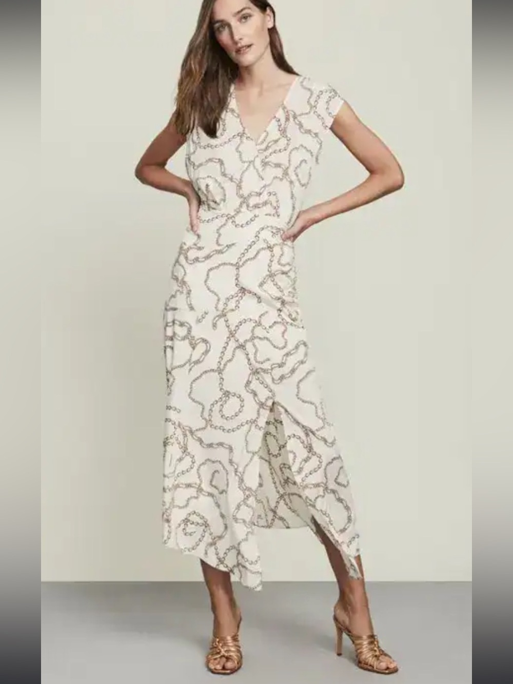 Veronica Beard Winxson Cream Chain-Print V-Neck Midi Dress NWT